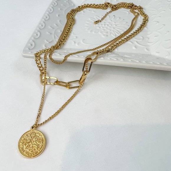 3 Layer Gold Coin Necklace Gold Layered Necklace - Picture 8 of 10